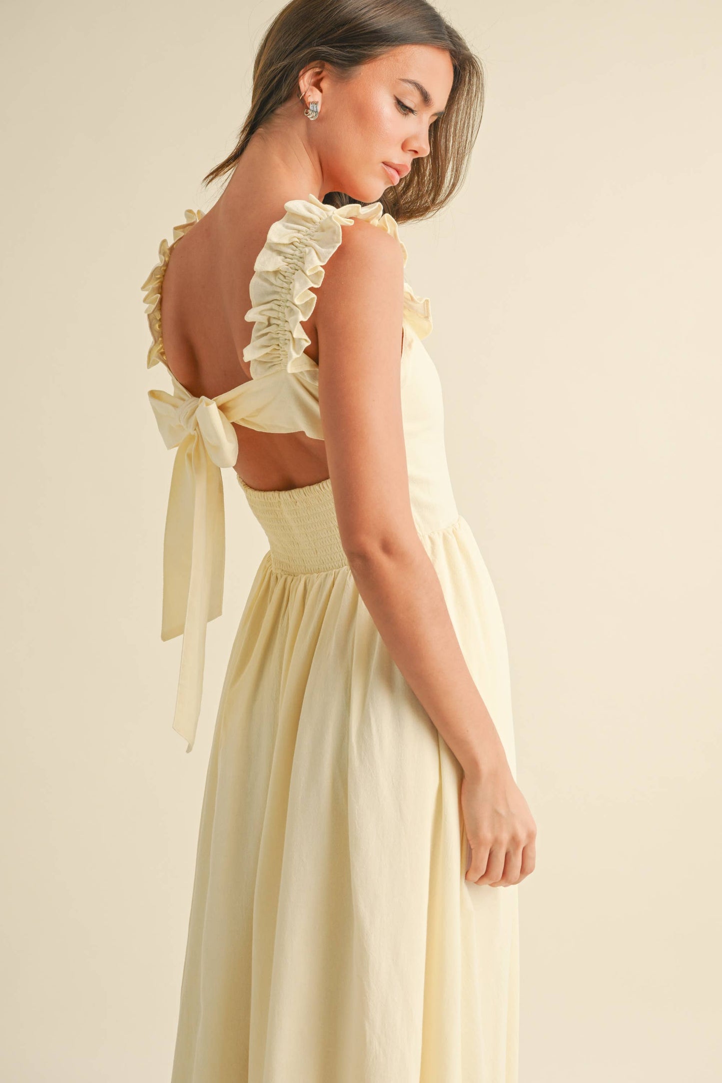 LINEN RUFFLED SQUARE NECKLINE MIDI DRESS